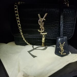Yves Saint Laurent Black Croc-Embossed Shoulder Bag with Gold Accents